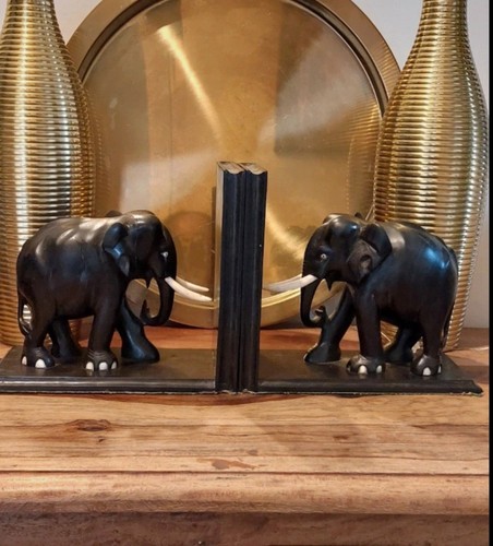 Carved pair elephant bookends - pair,