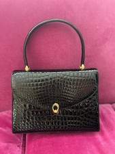 Vintage French Black Patent Genuine Crocodile leather Bag Gold Metal Hardware
