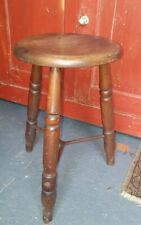 Antique Elm Wooden Stool Cast Iron Stretcher 3 Leg