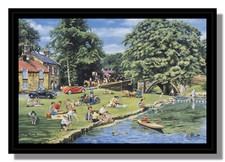 Riverside picnic 1950s Morris Minor Singer Motorcycle framed picture free p&p UK