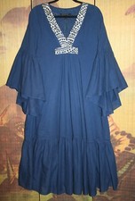 GREEK ARCHAIC KORI Tiered Dress 48"CH Large Navy/Gold Embroidery Cotton Maxi NEW