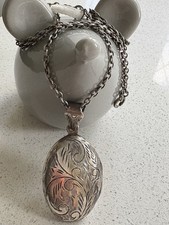 Vintage Sterling Silver Large Engraved Floral Patterned Locket Chain Necklace