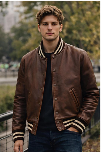 Men brown leather varsity - men,