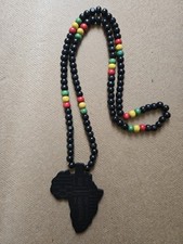 Africa Map Black Wooden Necklace Beads 15inch Individual Red Yellow Green Tribal