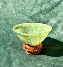 Vintage Chinese 20th Century Semi Translucent Spinach Green Jade Bowl On Stand