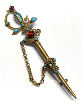 Fantastic Antique Gilt, Enamel & Jewelled Rapier in Scabbard Brooch