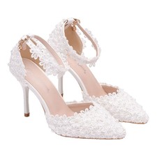 1 Pair of Pointy Toe Shoes Lace Shoes Bride Wedding Dress (White)