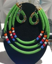 African Set Of Necklace & Earrings Maasai Beaded Handmade Green Colour Jewellery