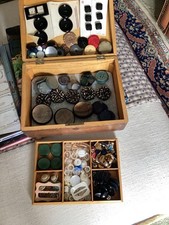 Vintage Buttons Job In Old Wooden Box Plus’s Three Vintage Buckles 