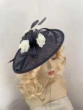 NEW Fascinator Navy Blue Ivory Cream Hatinator  Wedding Saucer Formal Ladies Hat