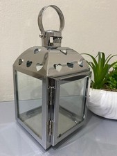 Silver Chrome Metal Lantern Candle Holder Decor Heart Cutout Gift