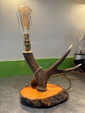 Stag Antler Table Lamp mounted to real wood slice with Edison bulb rustic decor