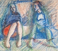 Robert Lenkiewicz Original Colourful Wax Drawing – Unframed. Two seated figures
