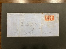 GB QV 1858 SG43 1d Penny Red Plate 149 Cover Earl of Derby Cover