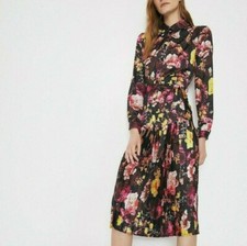 Warehouse Long Sleeve Drop Waist Pleated Midi Floral Shirt Dress size S 8 10 12