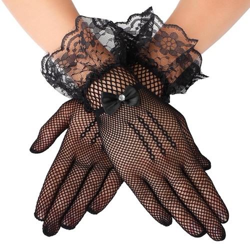 Black lace fishnet gloves - black,