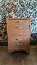 Vintage Art Deco Light Oak Tall Chest Of 5 Drawers