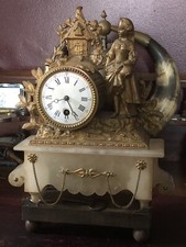 Antique French Gilt Mantel Clock On Alabaster Base And Wooden Standing Base