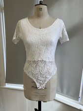 VINTAGE CHARLIE DOOGLE LEOTARD LACE SIZE M WHITE SHORT SLEEVE ROUND NECK 80S