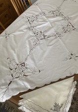 Vintage Ecru Embroidered Linen Tablecloth 46” sq. + 6 napkins 