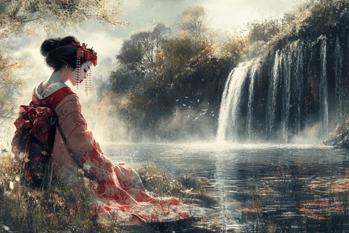 Japanese geisha girl waterfall - japanese,