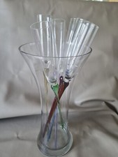 SET OF 6 MULTI COLOURED FOOTLESS LONG STEM CHAMPAGNE FLUTES + VASE / HOLDER