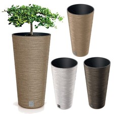 Round Wood Grain Look Planter Tall Flower Plant Pot Indoor Outdoor Garden Decor