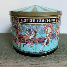 FORTNUM & MASON BISCUIT TIN - MUSICAL MERRY GO ROUND CAROUSEL HORSES VINTAGE
