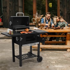 Extra Large Charcoal BBQ Grill, Liftable Trays + Foldable Shelves, Mobile Cooker