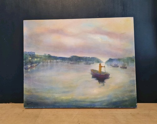 Oil painting harbour dingy - oil,