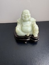 Beautiful Jade Type White /Green Hardstone Carved Buddha Sculpture On Wood Stand