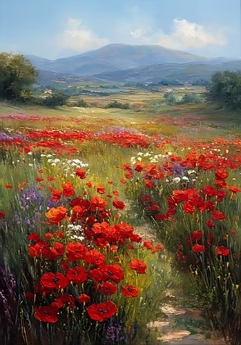 Poppy field and mountains - poppy,