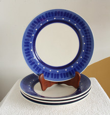 Whittard of Chelsea x4 dinner plates blue white hand painted square dot surround