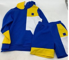 LEEDS UNITED Boys 11/12 Hoodie and Shorts Set Colourblock Blue Yellow Pre-Loved