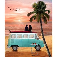 Nutex Fabric -Retro Camper Van Seaside Sunset Sewing Panel - Patchwork Quilting