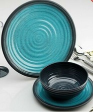 Granite Aqua Blue 12 Piece Melamine Crockery Dinner Set Caravan Camping Picnic