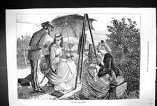 Old 1872 Nature Sketch Lady Artist Painting Easel Umbrella Man Countr Victorian