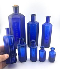 8 x Graduated Hexagonal Cobalt Blue Antique Poison Chemist Bottles  21-6cm High