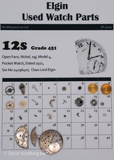 Elgin Watch Parts 12 / 12s  Grade 451 Model 4, Lord Elgin, 19j, Ser No 24296407
