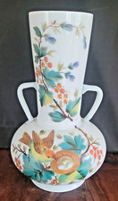  Victorian Green Milk Opaline Glass Vase Hand Painted Large a/f-105