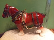 Vintage Ceramic Shire/Draught Horse Figurine w/ Leather Harness & Brass Plumes
