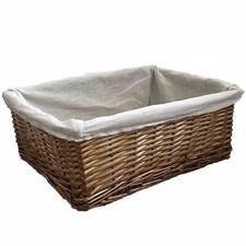 Large Oblong Tan Brown Steamed Lined Willow Wicker Open Storage Basket & Liner