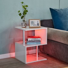 High Gloss Side End Table Storage Shelves Bedside Table 2 Tier White LED S-Shape