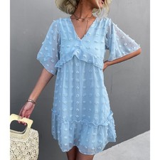 Light Blue M Women Short Sleeve Dress V Neck Layered Lace Stitching Casual