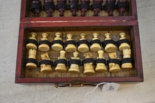 Vintage Chinese Themed Chess Pieces in Wooden Storage Case