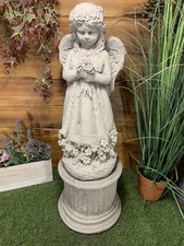STONE GARDEN LARGE WINGED ANGEL FAIRY LADY STATUE ON PLINTH ORNAMENT