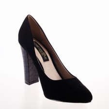 WOMENS COURT SHOES Black PUMPS HIGH BLOCK HEELS POINTED TOE SLIP ON SHOES