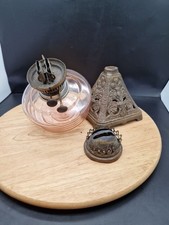 Antique 19th Century OIL LAMP BOWL BURNER with TWIN WICK Parts Only Pink Glass