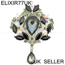 NEW SILVER LARGE FLOWER BROOCH BLACK CRYSTAL DIAMANTE BRIDAL WEDDING VINTAGE PIN