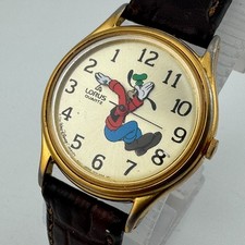 VTG Lorus Goofy Quartz Watch Unisex Gold Tone Leather ~Run Backwards~New Battery